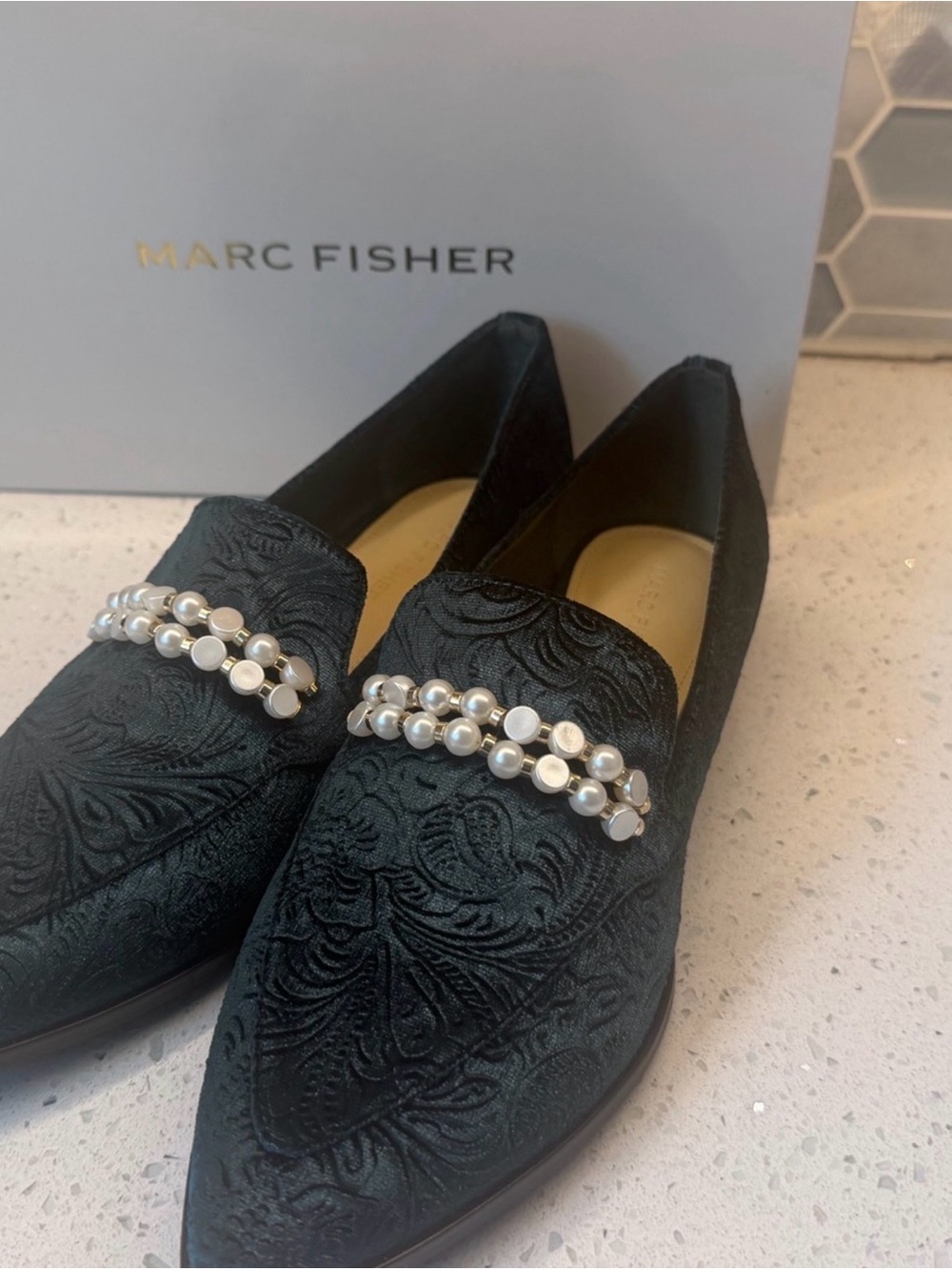Marc Fisher Emerald green Embossed Pearl-Trim Pointed Loafers